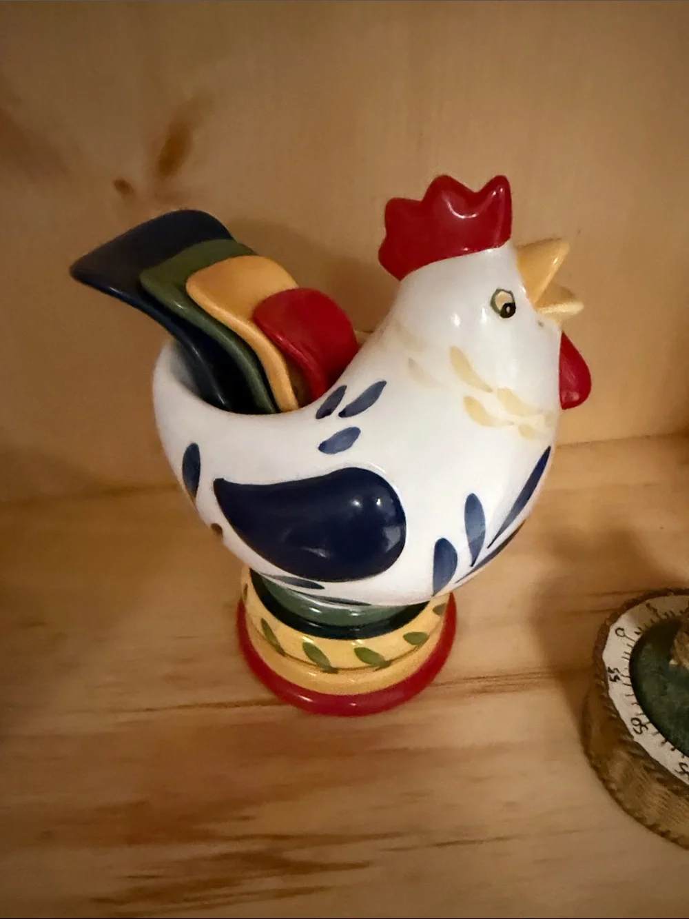 Colorful Ceramic Rooster measuring spoons Holder - White, Blue, Red and timer